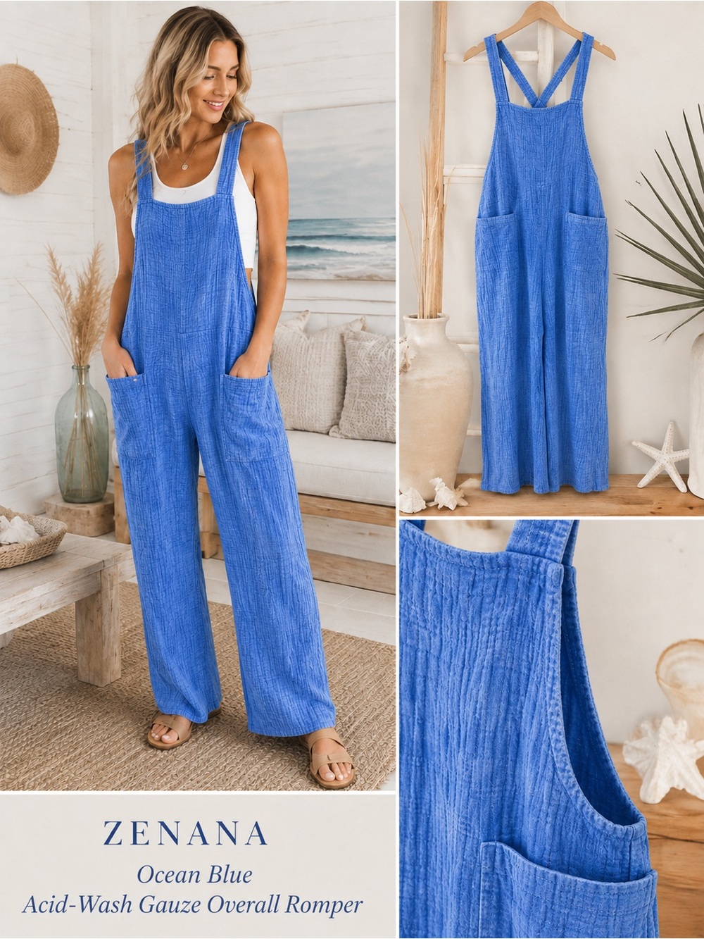 Zenana Outfitters Ocean Blue Gauze Wide-Leg Overall Romper